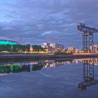 Photograph of the harbour district of Glasgow in Scotland by the River Clyde, featuring the Finnieston Crane